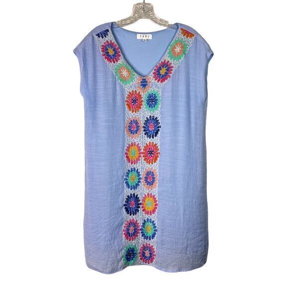 THML Women's Light Blue‎ Embroidered Floral Boho Beach Casual Dress Small - Picture 1 of 7